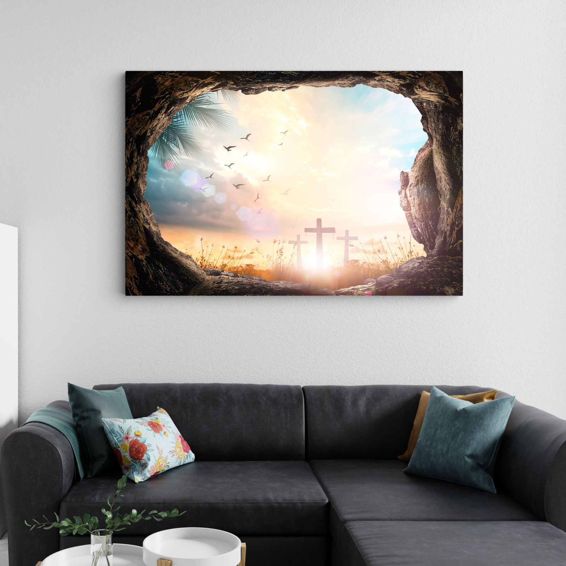 Empty Tomb Stone With Three Crosses On Meadow Christian Canvas Wall Art