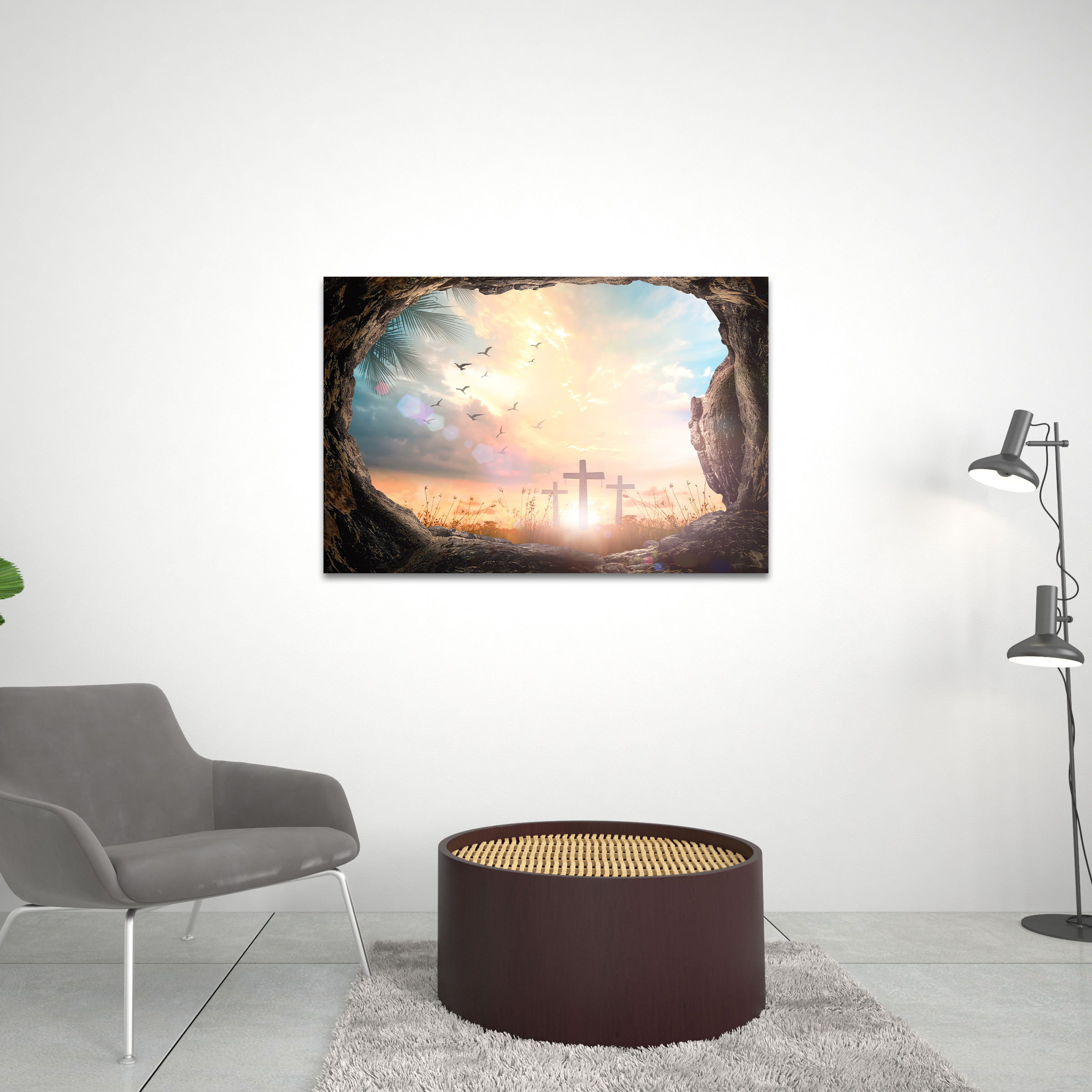 Empty Tomb Stone With Three Crosses On Meadow Christian Canvas Wall Art