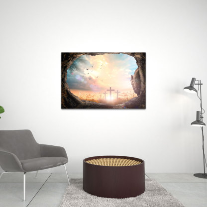 Empty Tomb Stone With Three Crosses On Meadow Christian Canvas Wall Art