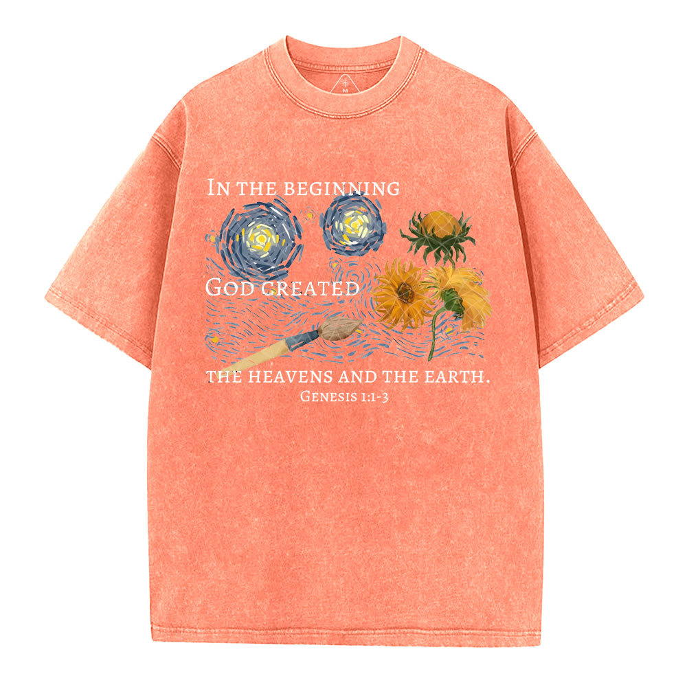 In The Beginning God Created Christian Washed T-Shirt