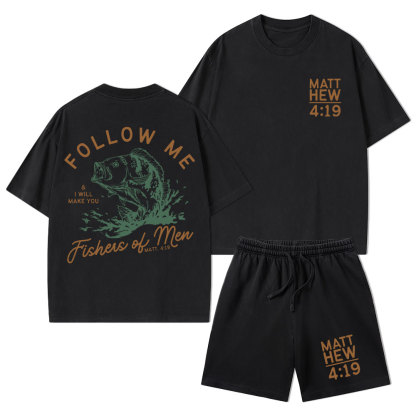 Follow Me I Will Make You Fishers Of Men' Christian Washed T-Shirt & Shorts