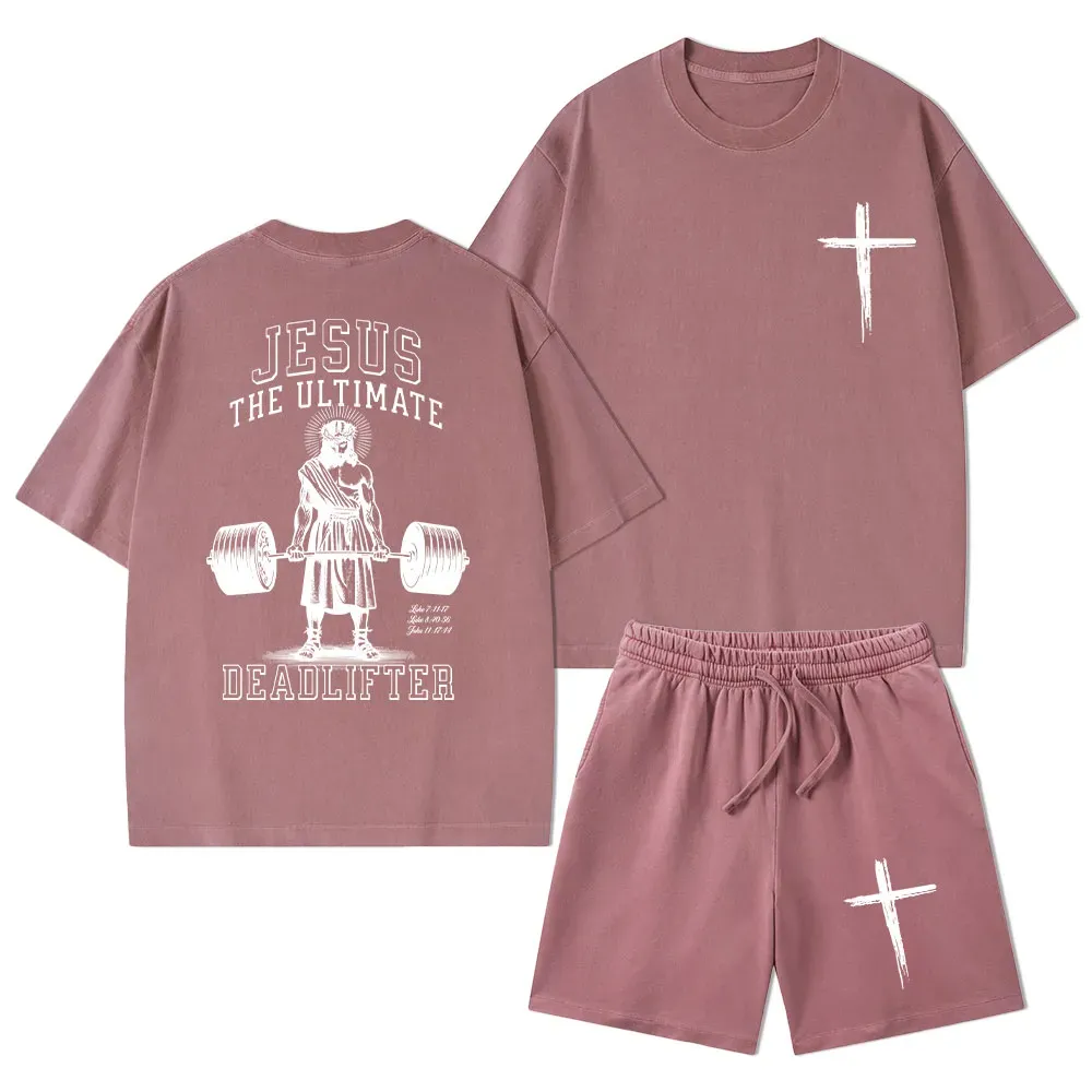 Jesus The Ultimate Deadlifter Christian Washed T-Shirt & Shorts