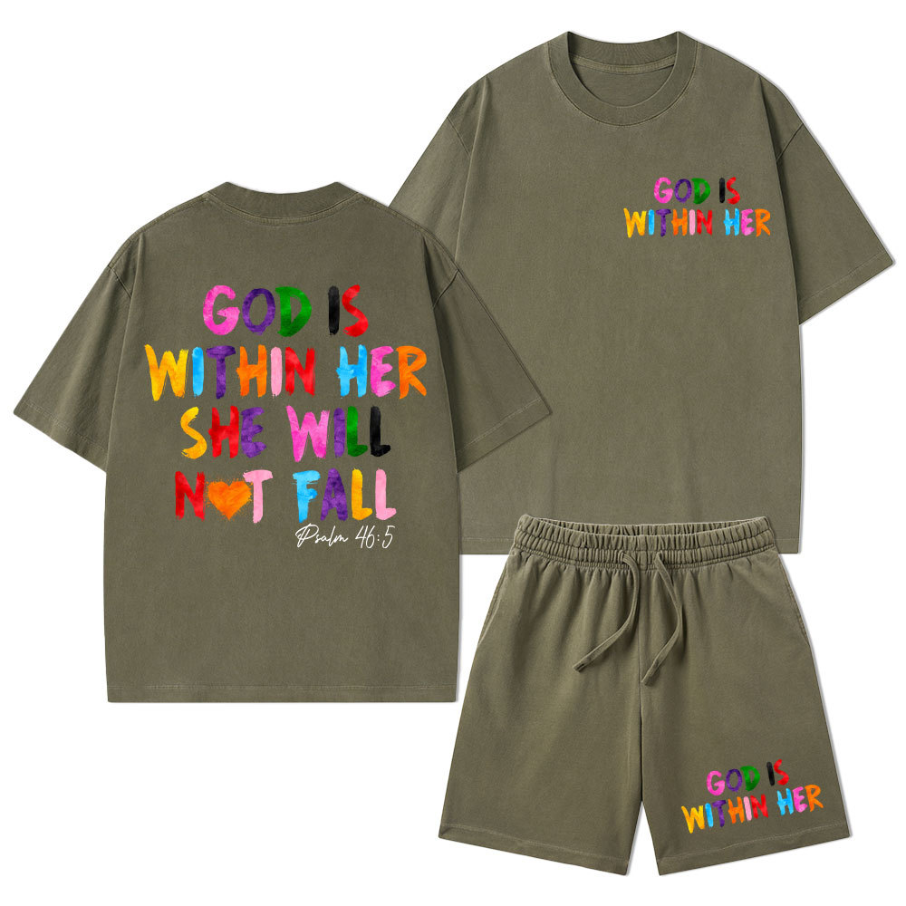 God Is Within Her She Will Not Fall Christian Washed T-Shirt & Shorts