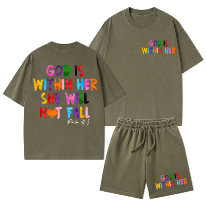 God Is Within Her She Will Not Fall Christian Washed T-Shirt & Shorts