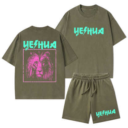 Retro Lion Yeshua Christian Washed T-Shirt & Shorts
