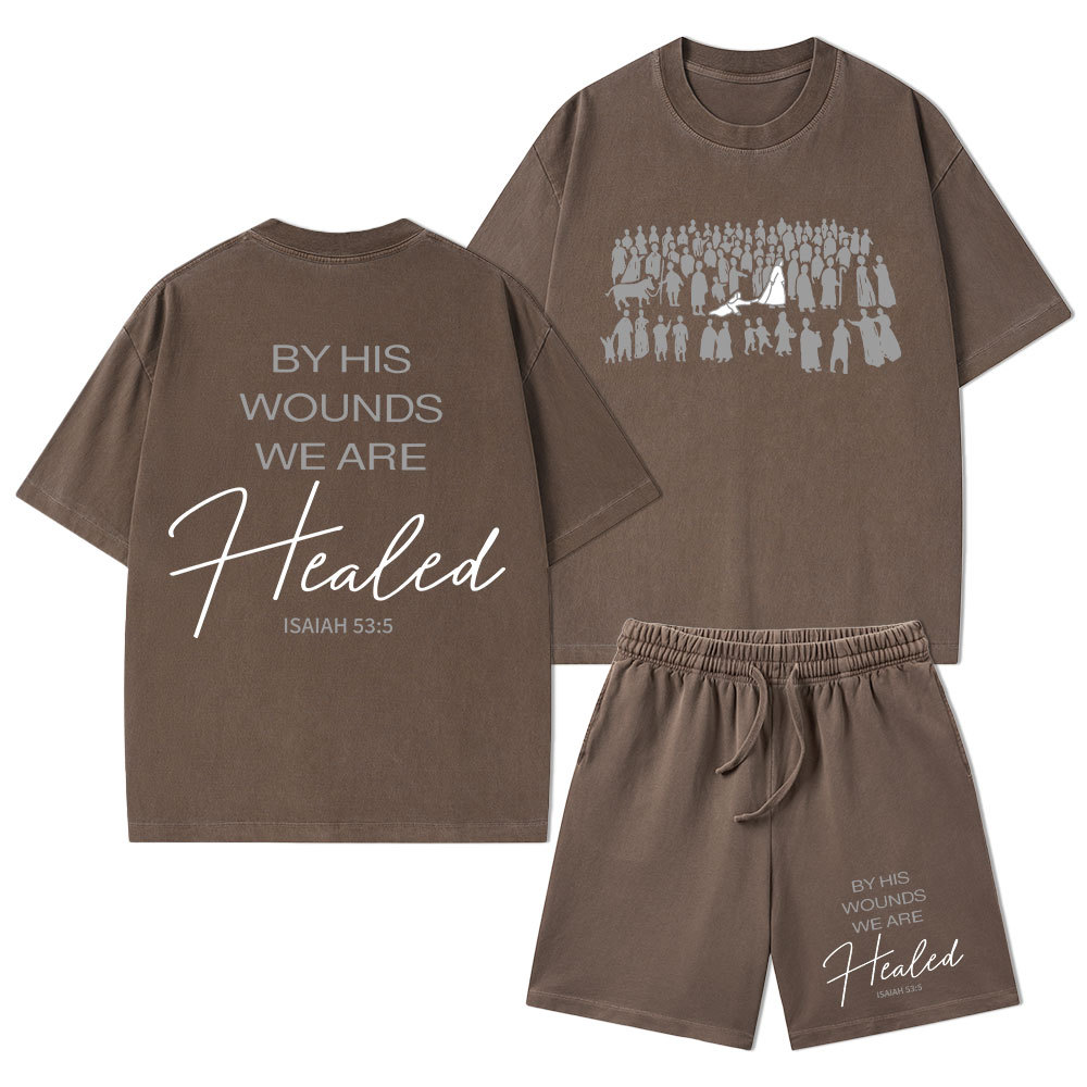 By His Wounds Christian Washed T-Shirt & Shorts