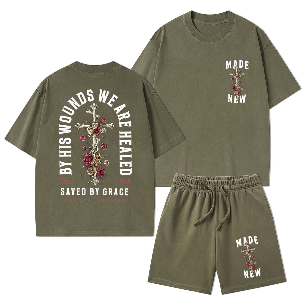 By His Wounds We Are Healed Christian Washed T-Shirt & Shorts