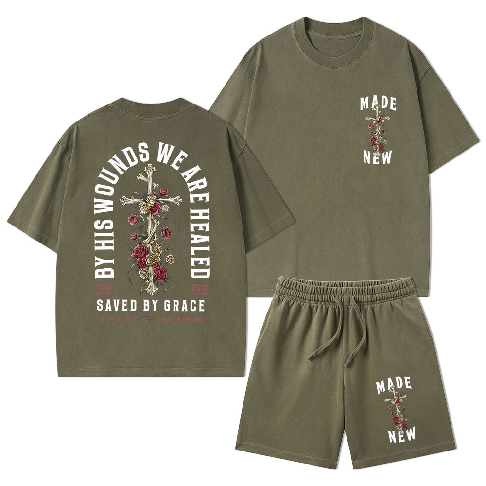 By His Wounds We Are Healed Christian Washed T-Shirt & Shorts