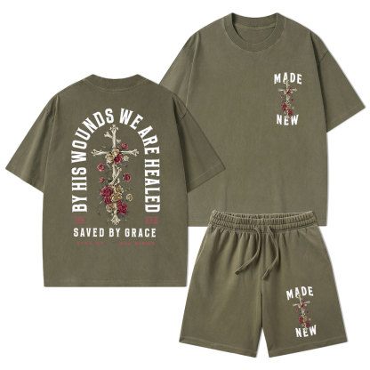 By His Wounds We Are Healed Christian Washed T-Shirt & Shorts