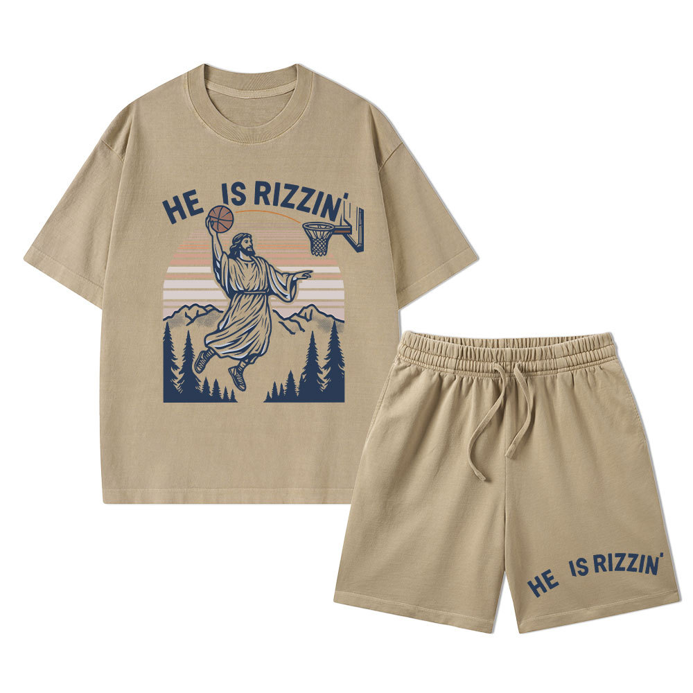 He Is Rizzen Christian Washed T-Shirt & Shorts