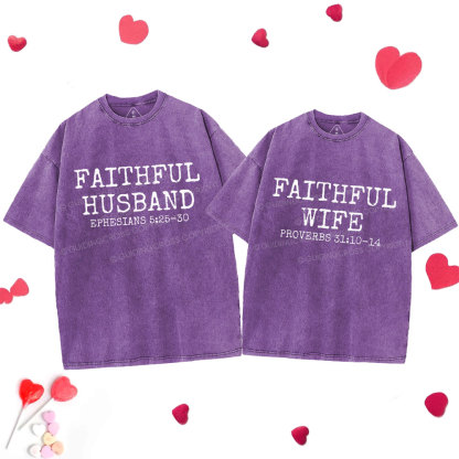 Faithful Husban Wife Christian Couple Washed T-Shirt