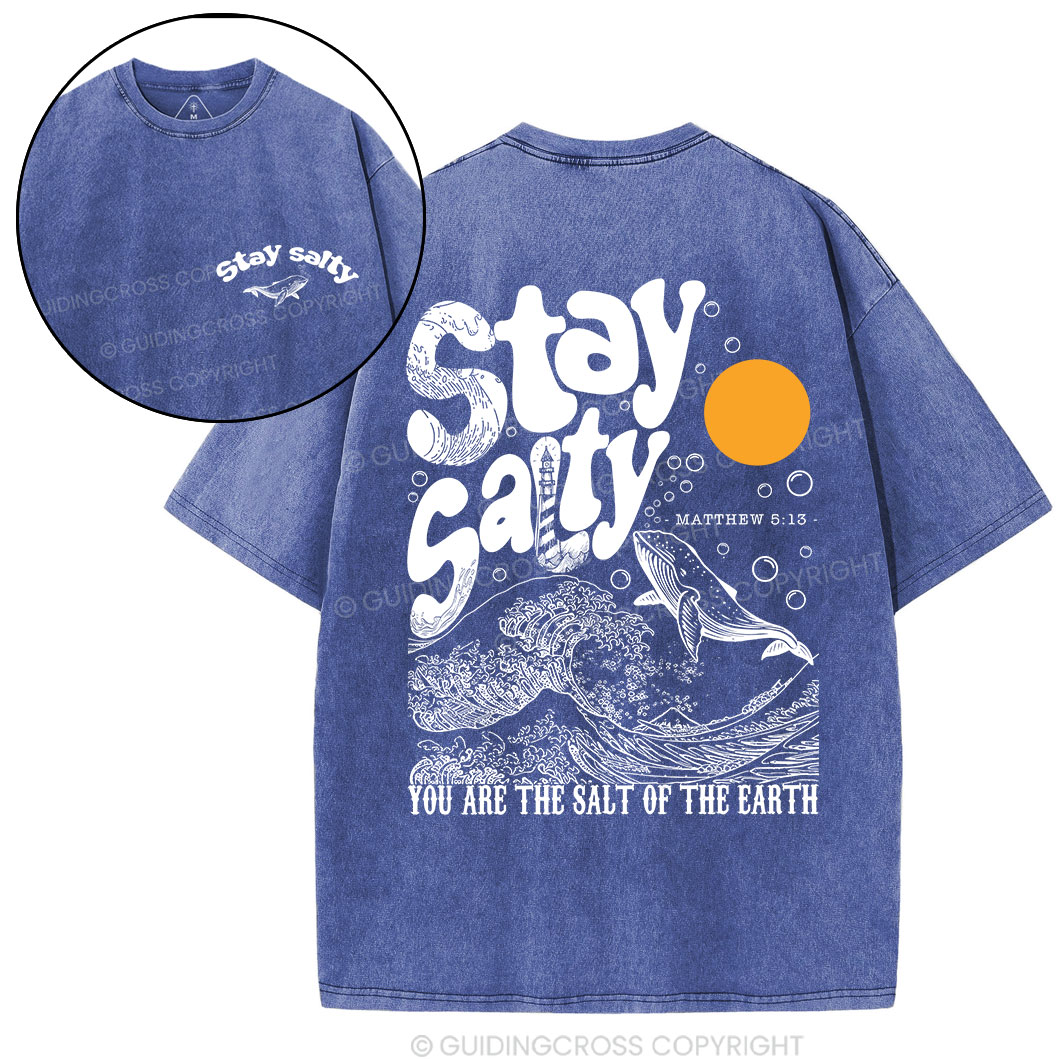 Stay Salty Ocean Waves Christian Washed T-Shirt Sale - GuidingCross