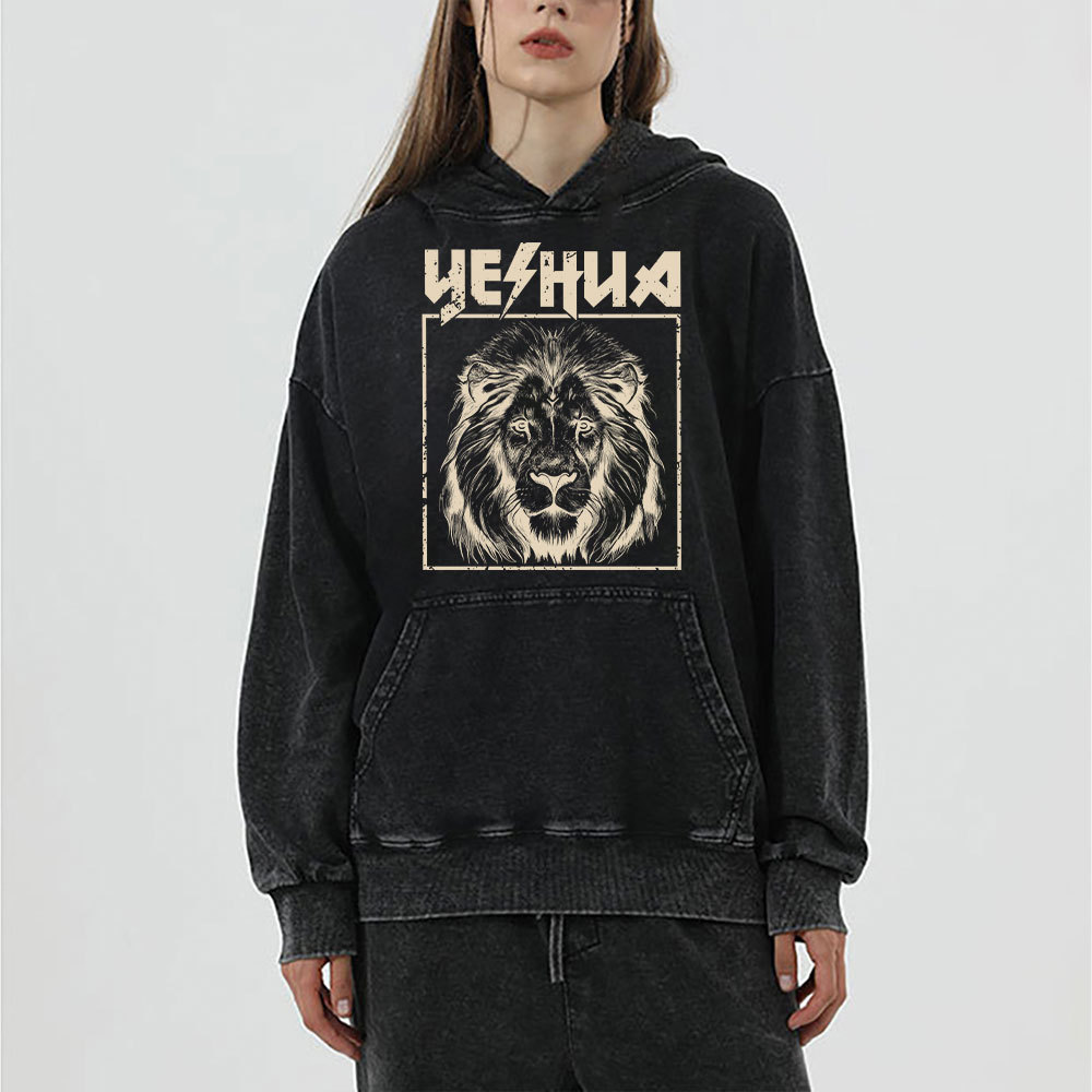 Retro Yeshua Lion Christian Washed Hoodie 