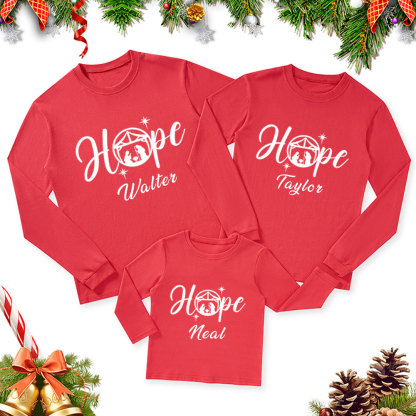 Personalized Hope Love Joy Believe Jesus Nativity Christmas Family Matching Long Sleeve T-Shirt