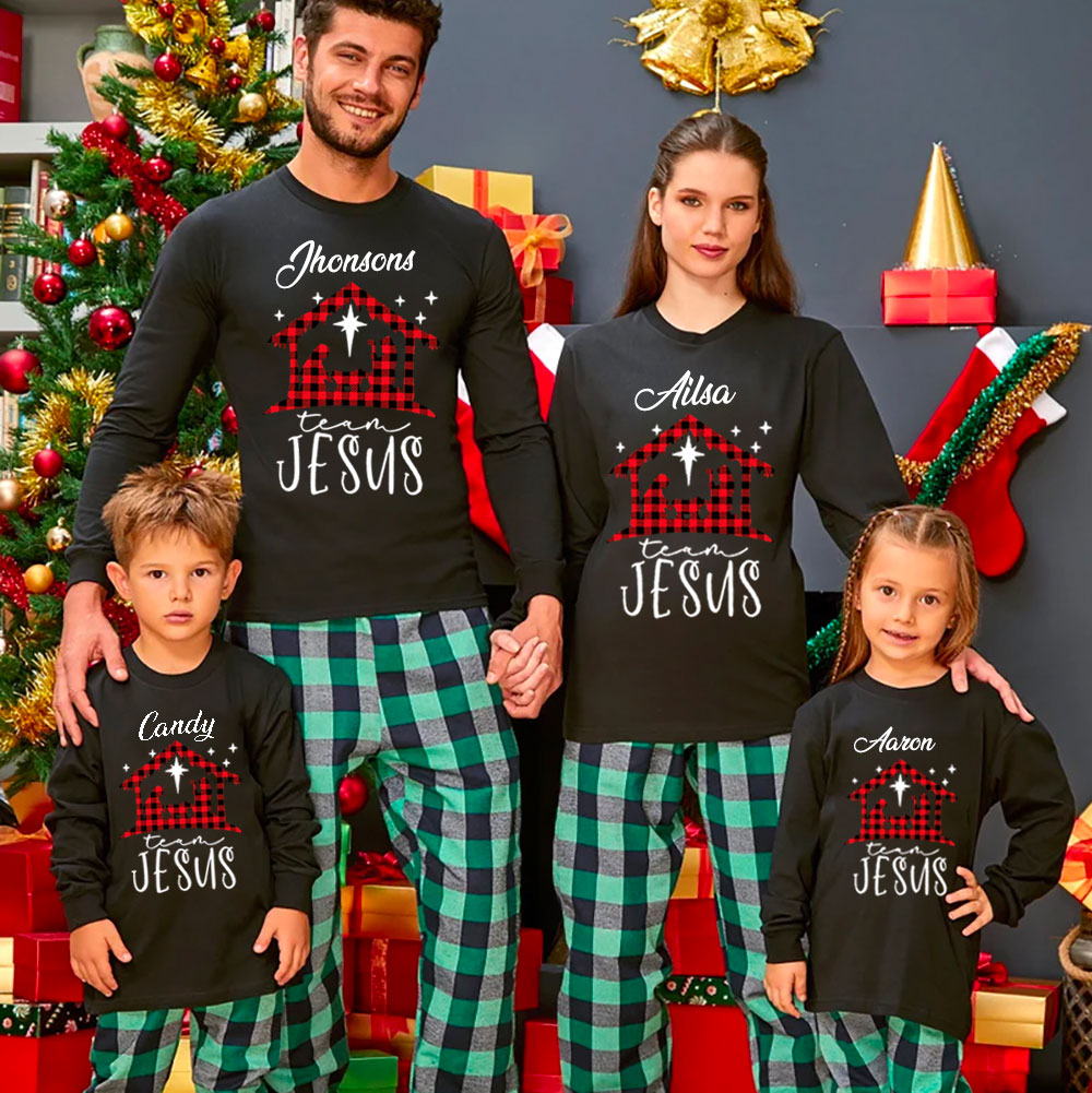 Personalized Buffalo Plaid Nativity Christmas Family Matching Long Sleeve T-Shirt