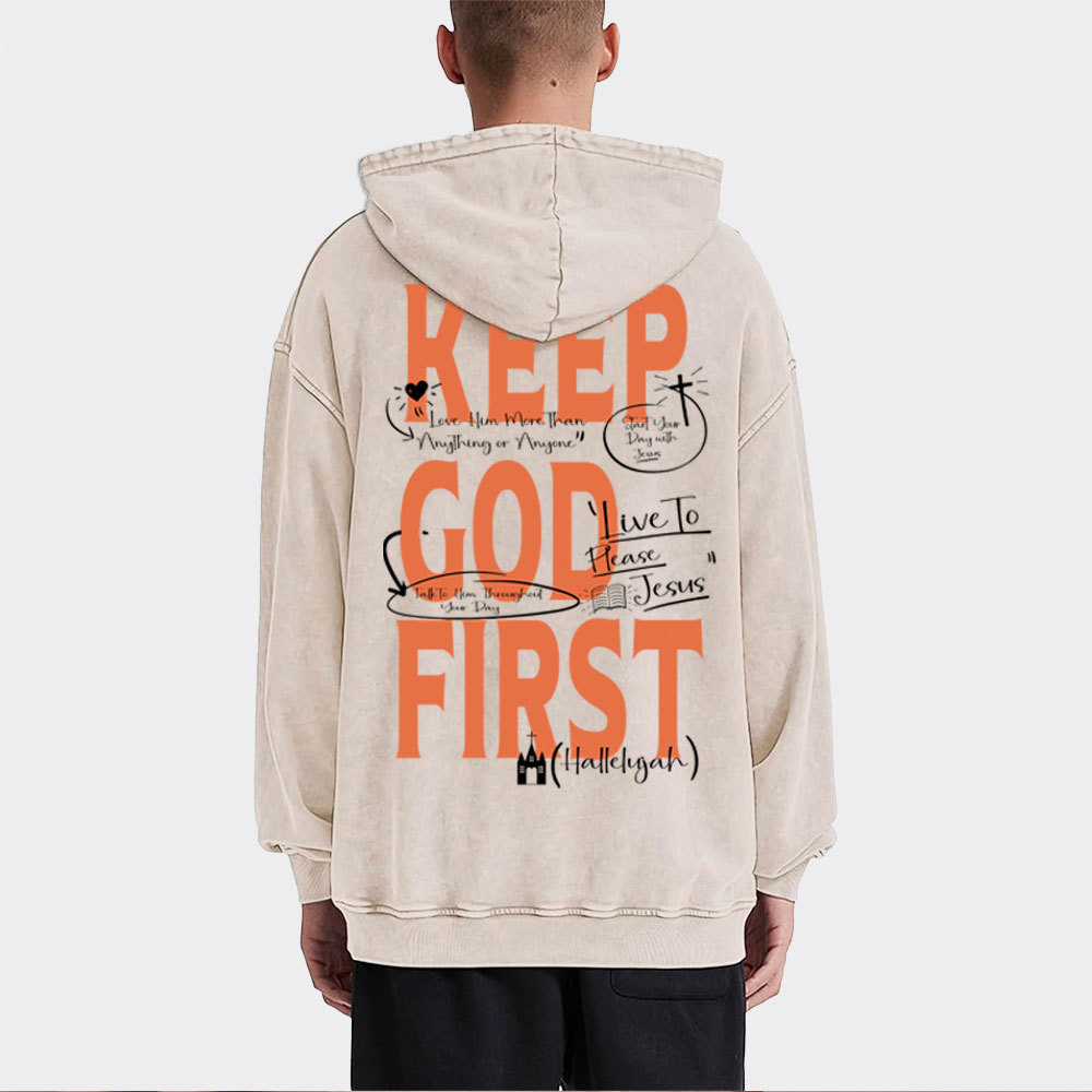 Keep God First Christian Washed Hoodie