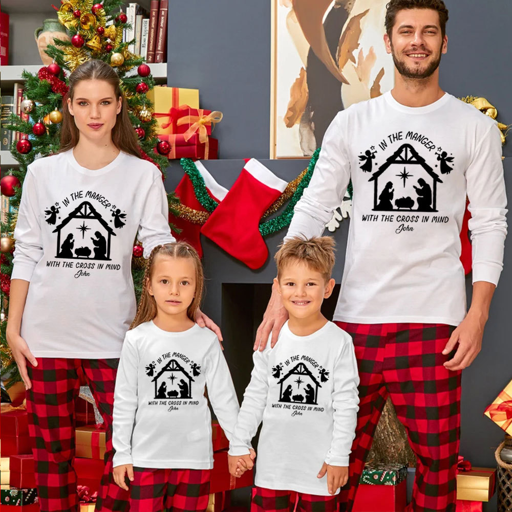 Personalized In The Manger With The Cross In Mind Christmas Family Matching Long Sleeve T-Shirt