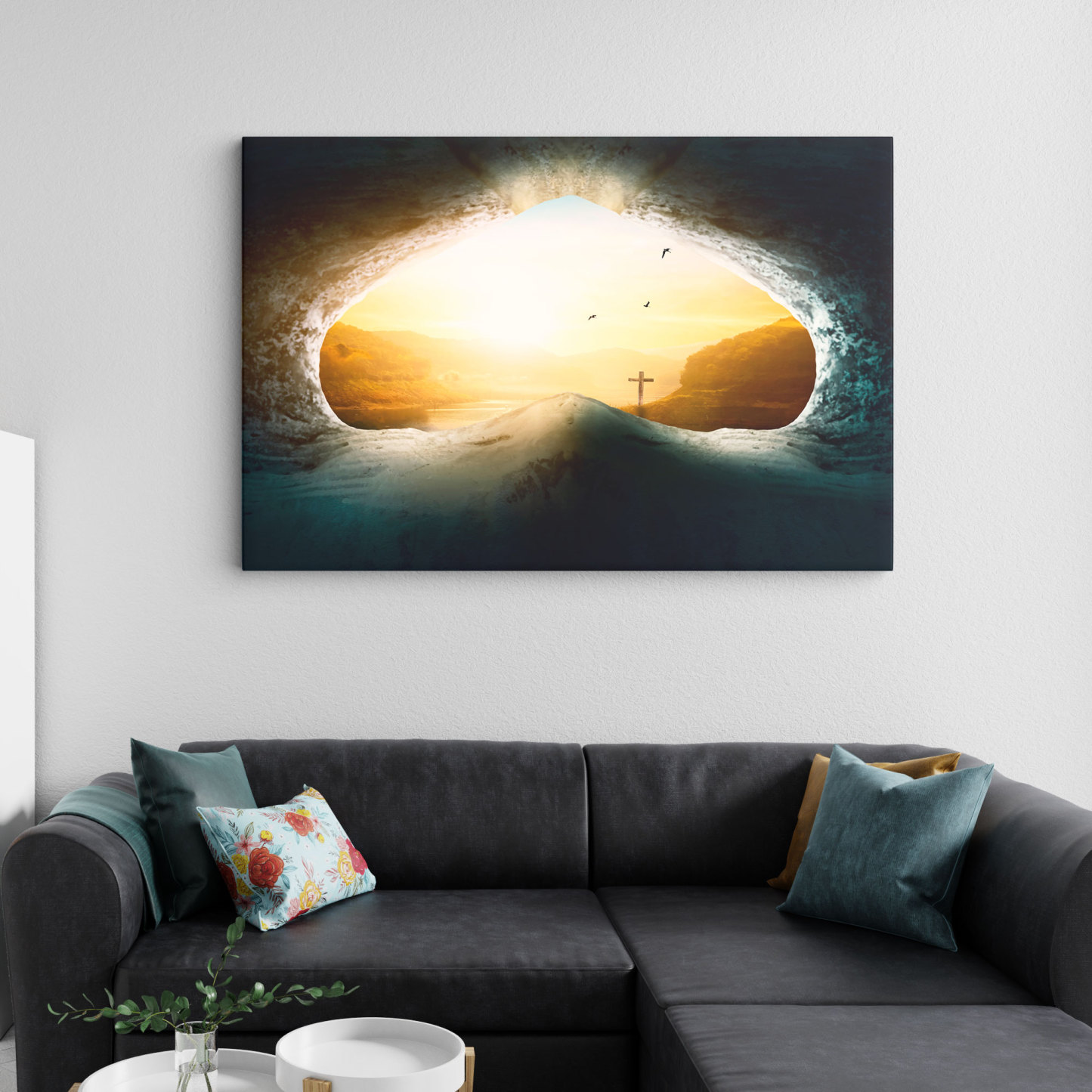 Tomb Empty With Crucifixion At Sunrise Christian Canvas Wall Art