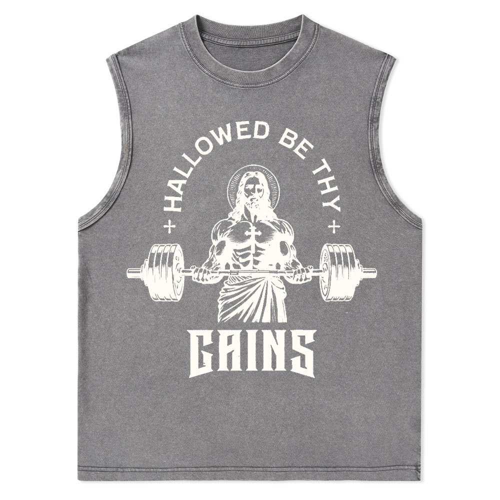 Hallowed Be Thy Gains Christian Washed Tank Top
