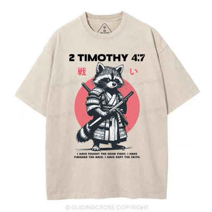 Fought The Good Fight Raccoon Christian Washed T-Shirt