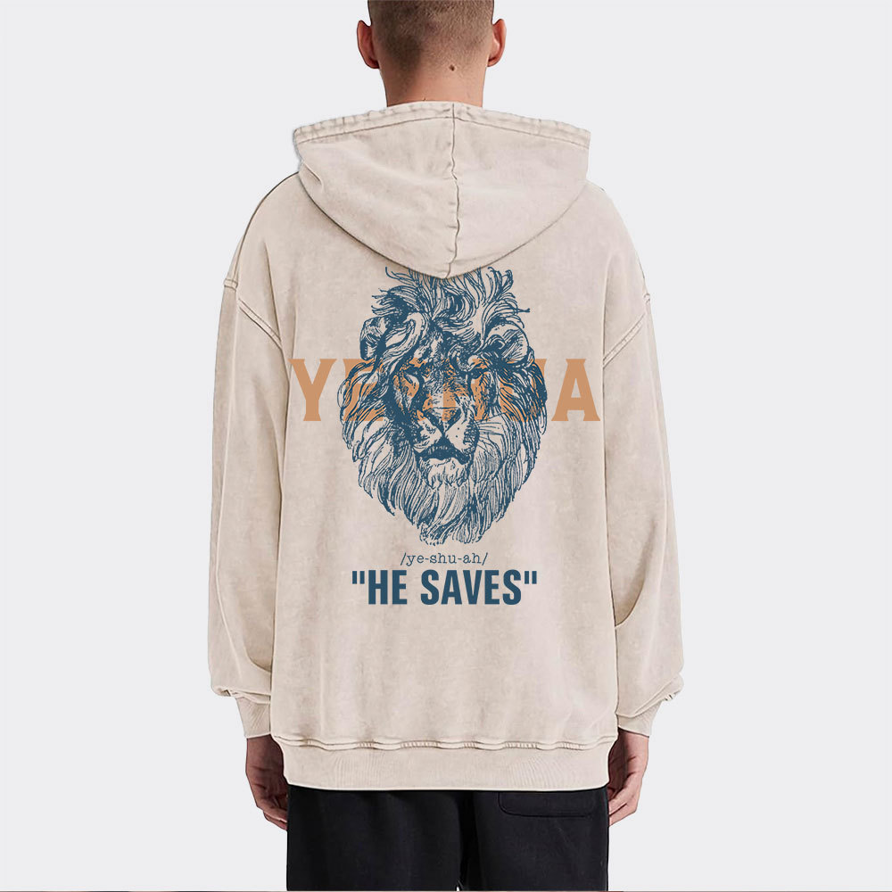 Yeshua He Saves Lion Christian Washed Hoodie 