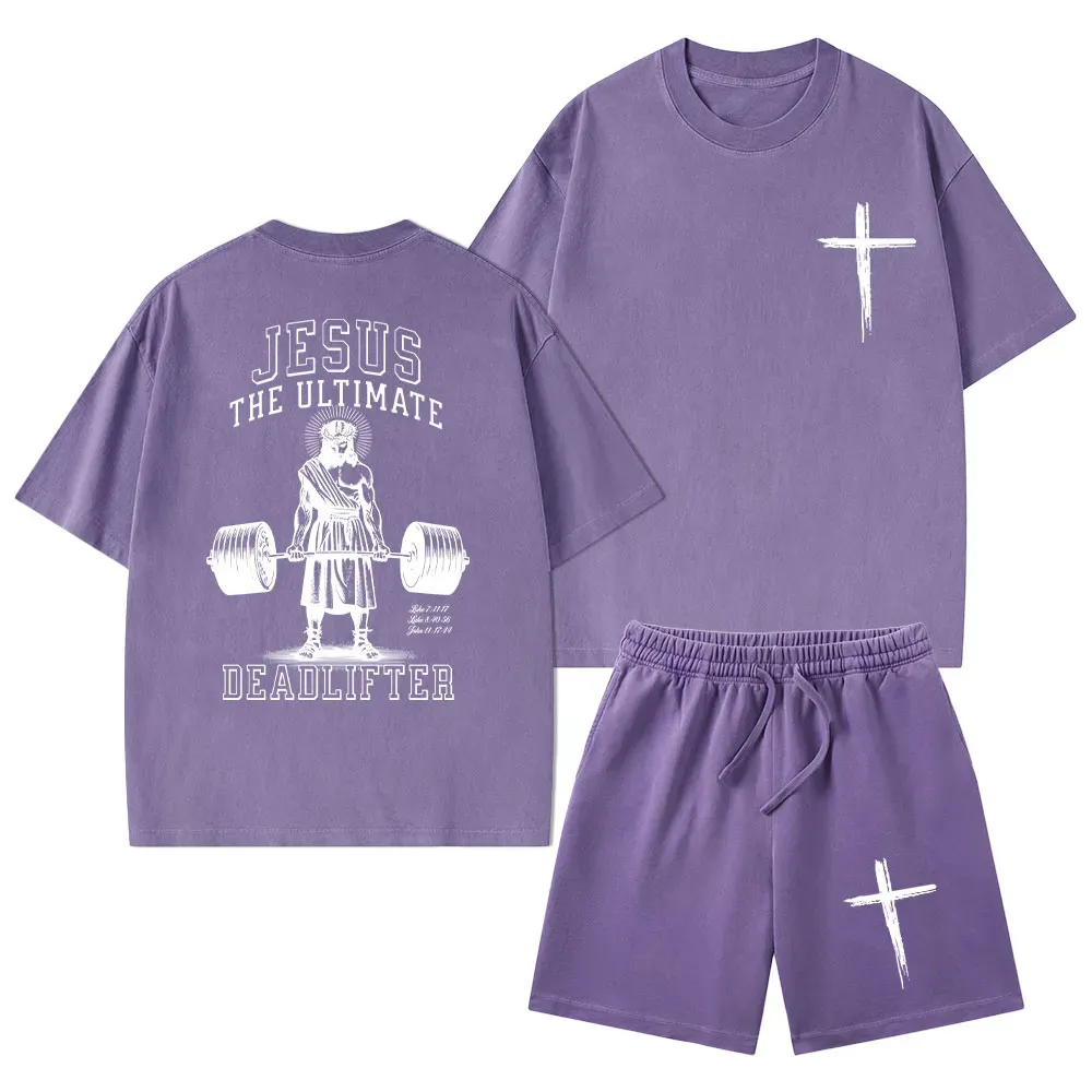 Jesus The Ultimate Deadlifter Christian Washed T-Shirt & Shorts