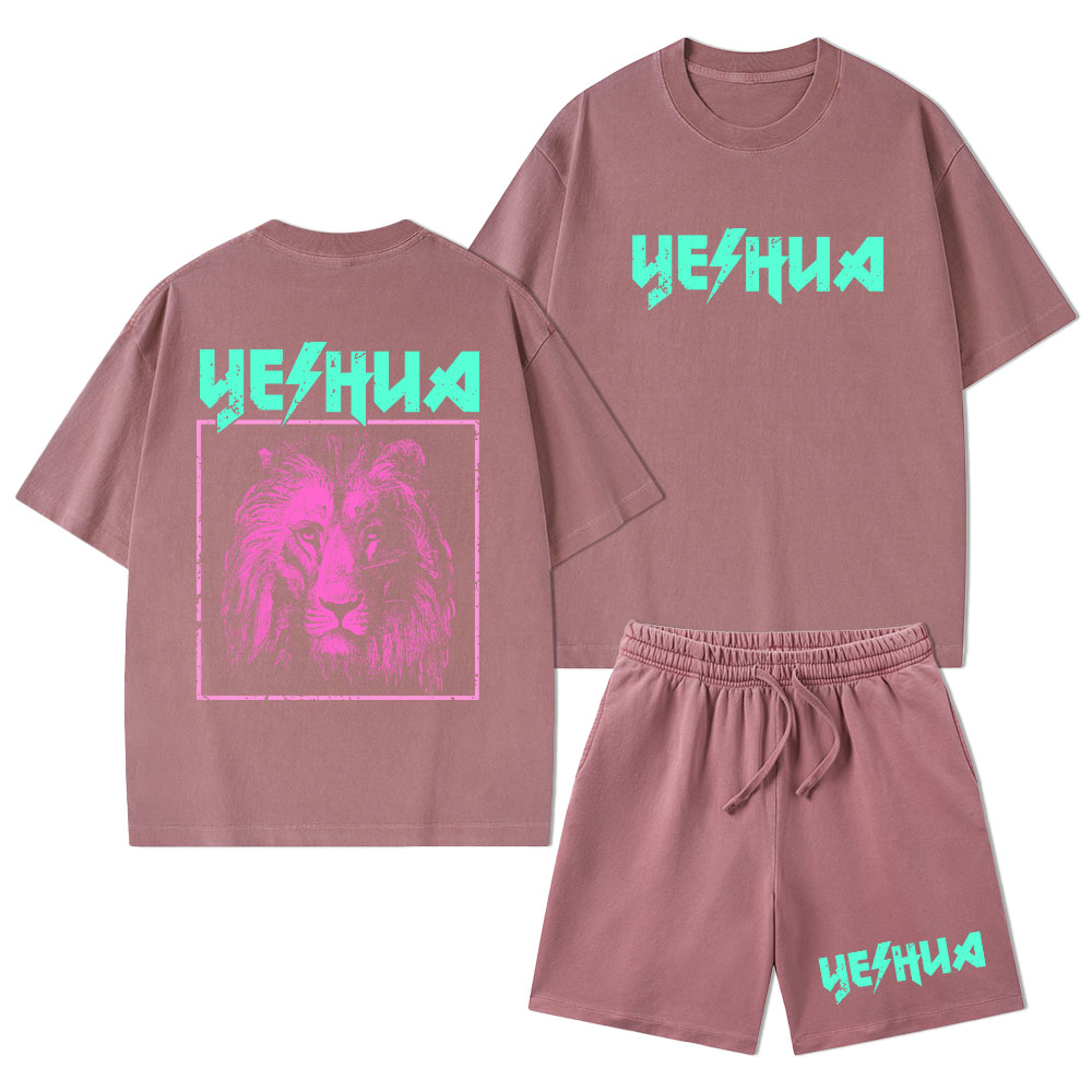 Retro Lion Yeshua Christian Washed T-Shirt & Shorts