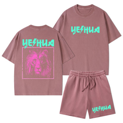 Retro Lion Yeshua Christian Washed T-Shirt & Shorts