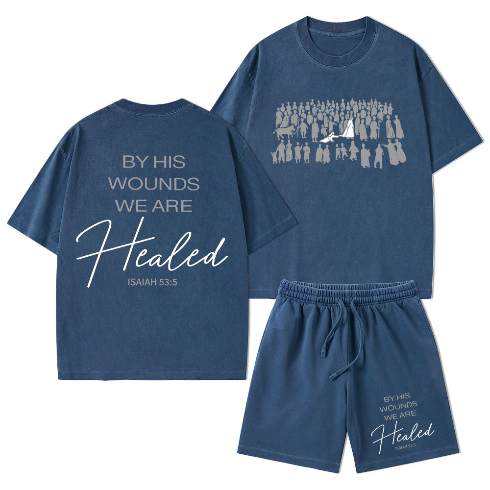 By His Wounds Christian Washed T-Shirt & Shorts