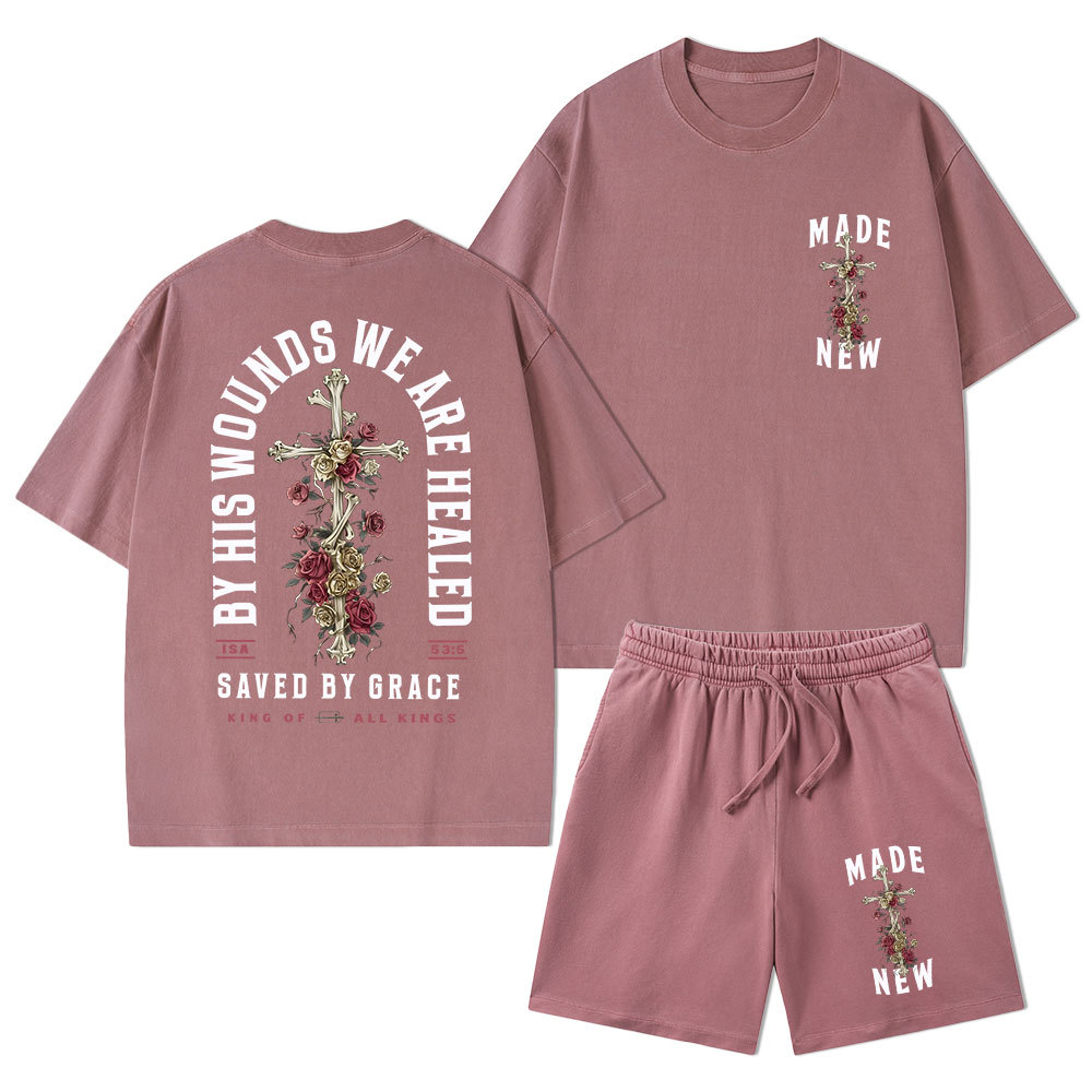 By His Wounds We Are Healed Christian Washed T-Shirt & Shorts