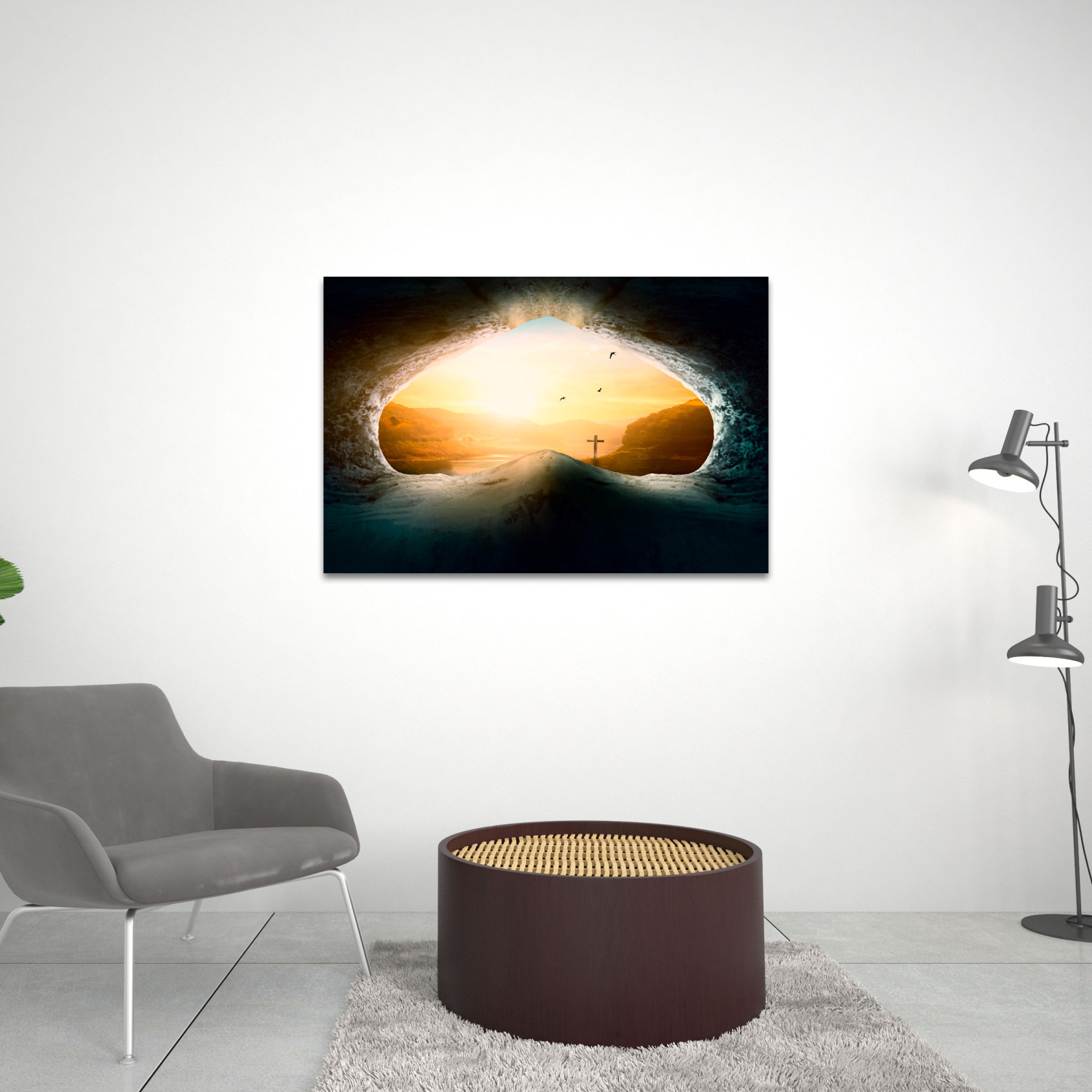 Tomb Empty With Crucifixion At Sunrise Christian Canvas Wall Art