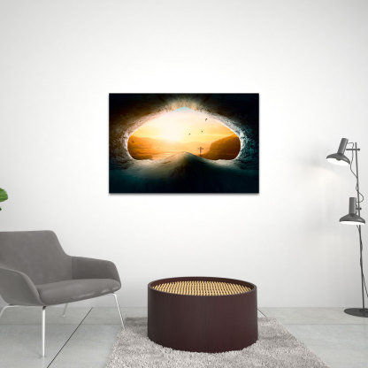 Tomb Empty With Crucifixion At Sunrise Christian Canvas Wall Art