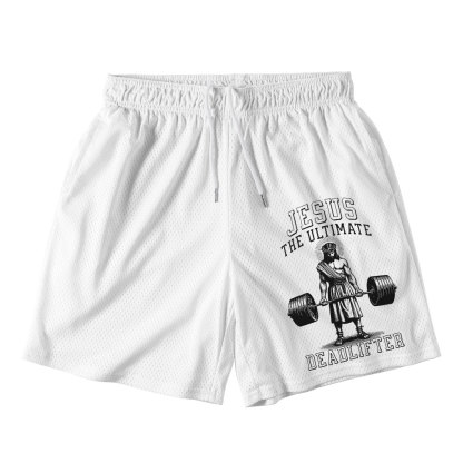 Jesus The Ultimate Deadlifter White Christian Mesh Shorts
