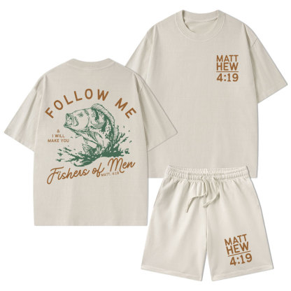 Follow Me I Will Make You Fishers Of Men' Christian Washed T-Shirt & Shorts