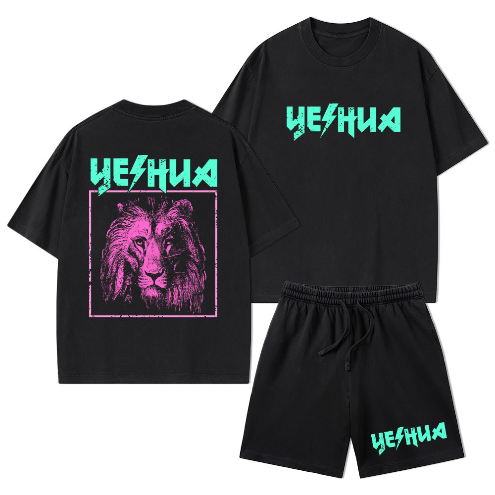 Retro Lion Yeshua Christian Washed T-Shirt & Shorts