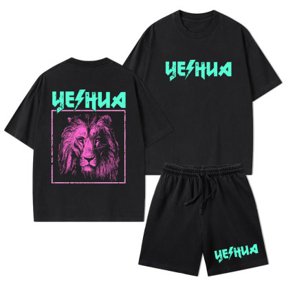 Retro Lion Yeshua Christian Washed T-Shirt & Shorts