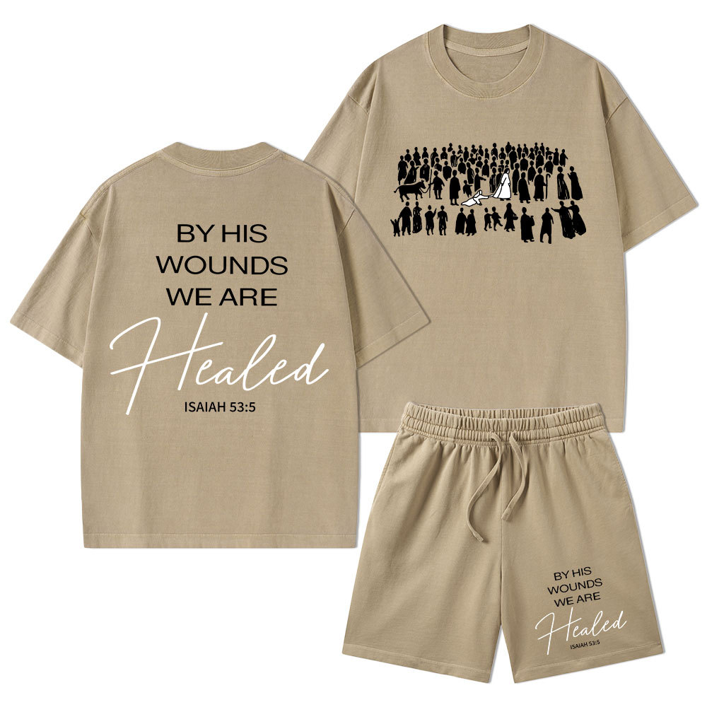 By His Wounds Christian Washed T-Shirt & Shorts