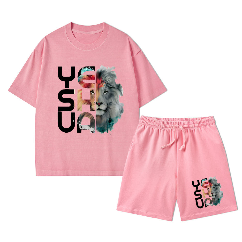 Lion And Yeshua Christian Washed T-Shirt & Shorts