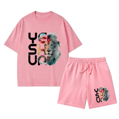 Lion And Yeshua Christian Washed T-Shirt & Shorts