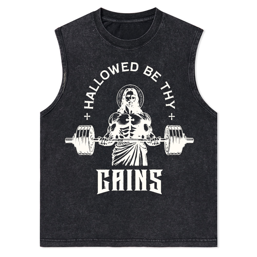 Hallowed Be Thy Gains Christian Washed Tank Top