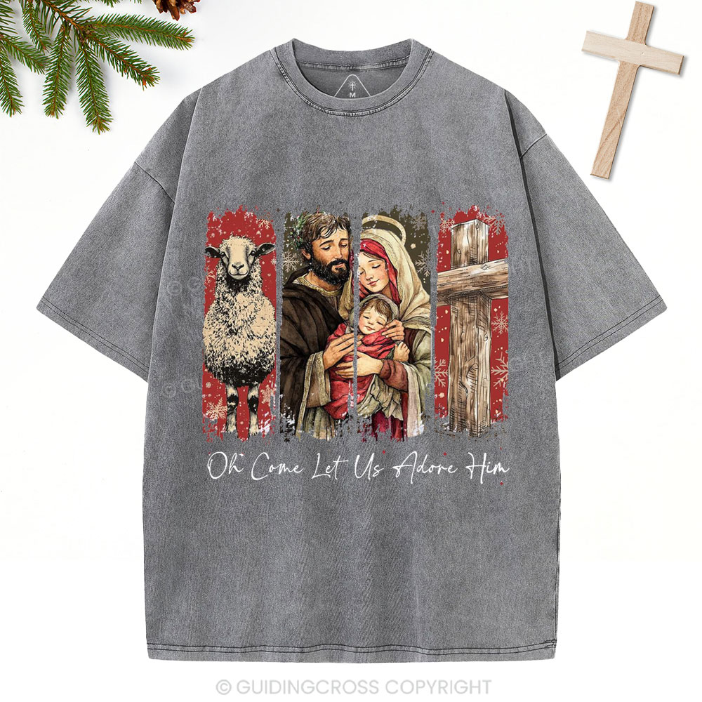 Oh Come Let Us Adore Him Christian Christmas Washed T-Shirt