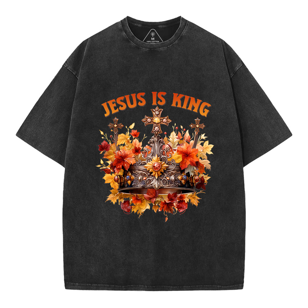 Jesus-Is-King-Autumn-Faith-Christian-Washed-T-Shirt-Black+