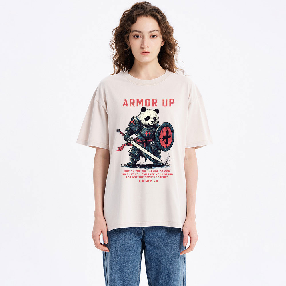 Armor Of God Panda Warrior Christian Washed T-Shirt