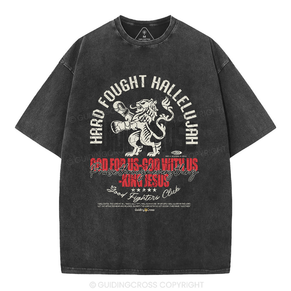 Hard Fought Hallelujah Boxing Lion Christian Washed T-Shirt