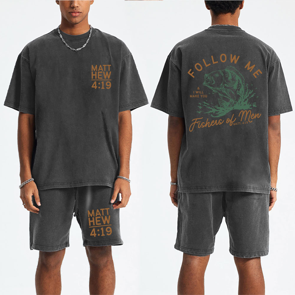 Follow Me I Will Make You Fishers Of Men' Christian Washed T-Shirt & Shorts