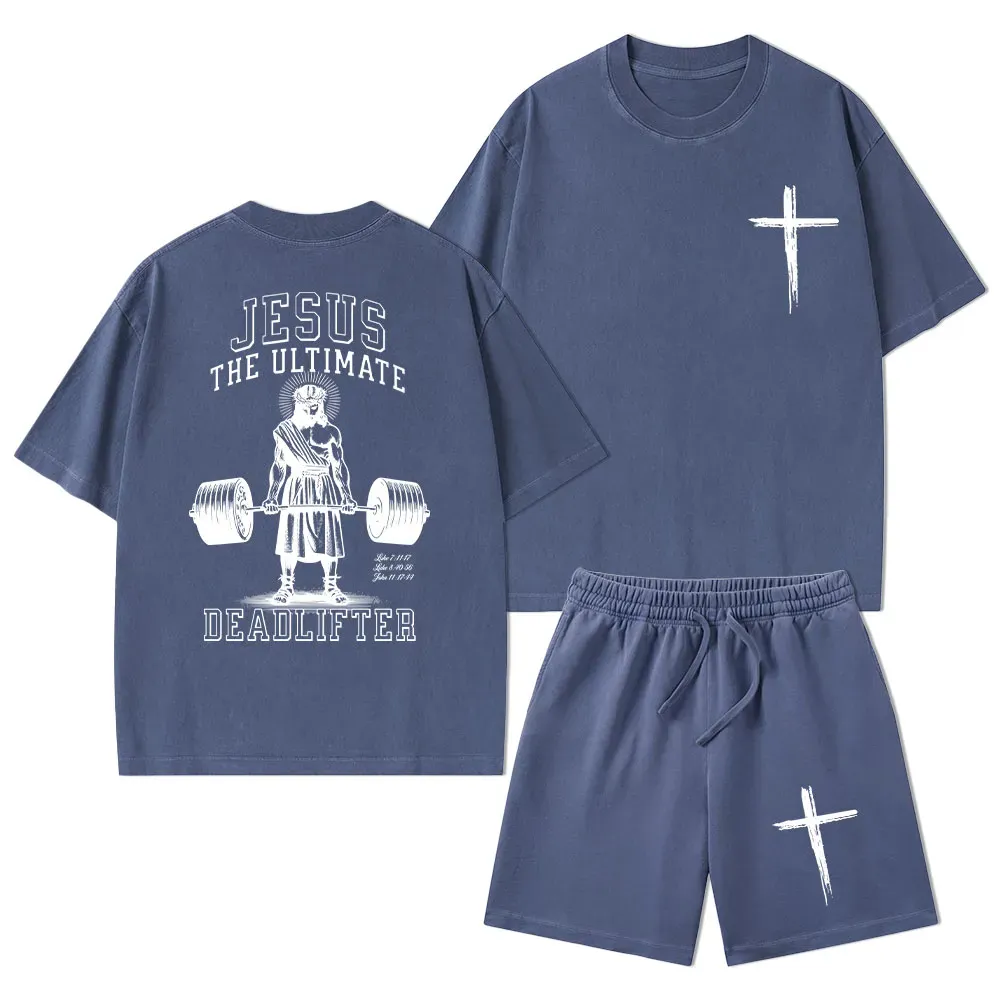 Jesus The Ultimate Deadlifter Christian Washed T-Shirt & Shorts