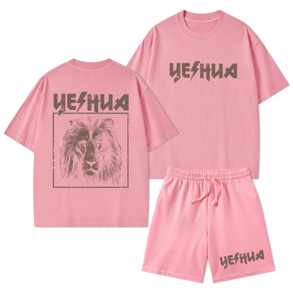 Retro Lion Yeshua Christian Washed T-Shirt & Shorts