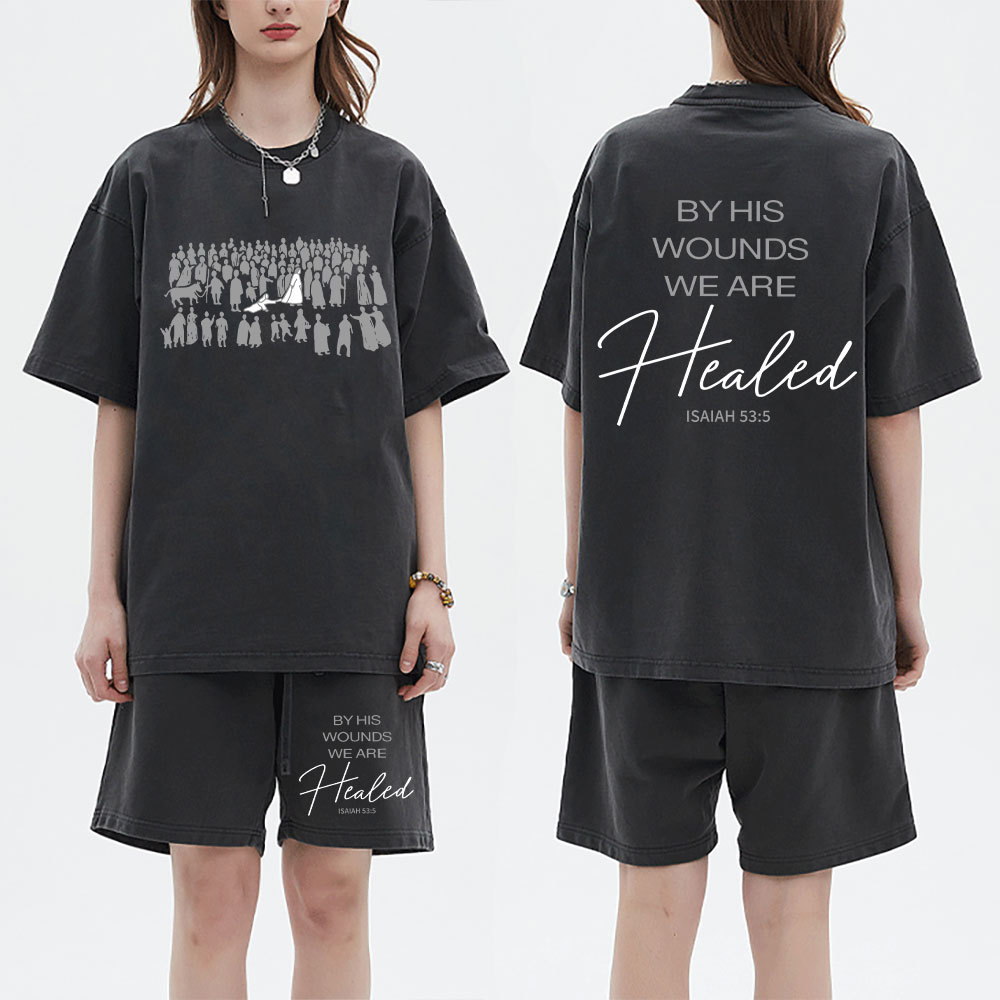 By His Wounds Christian Washed T-Shirt & Shorts