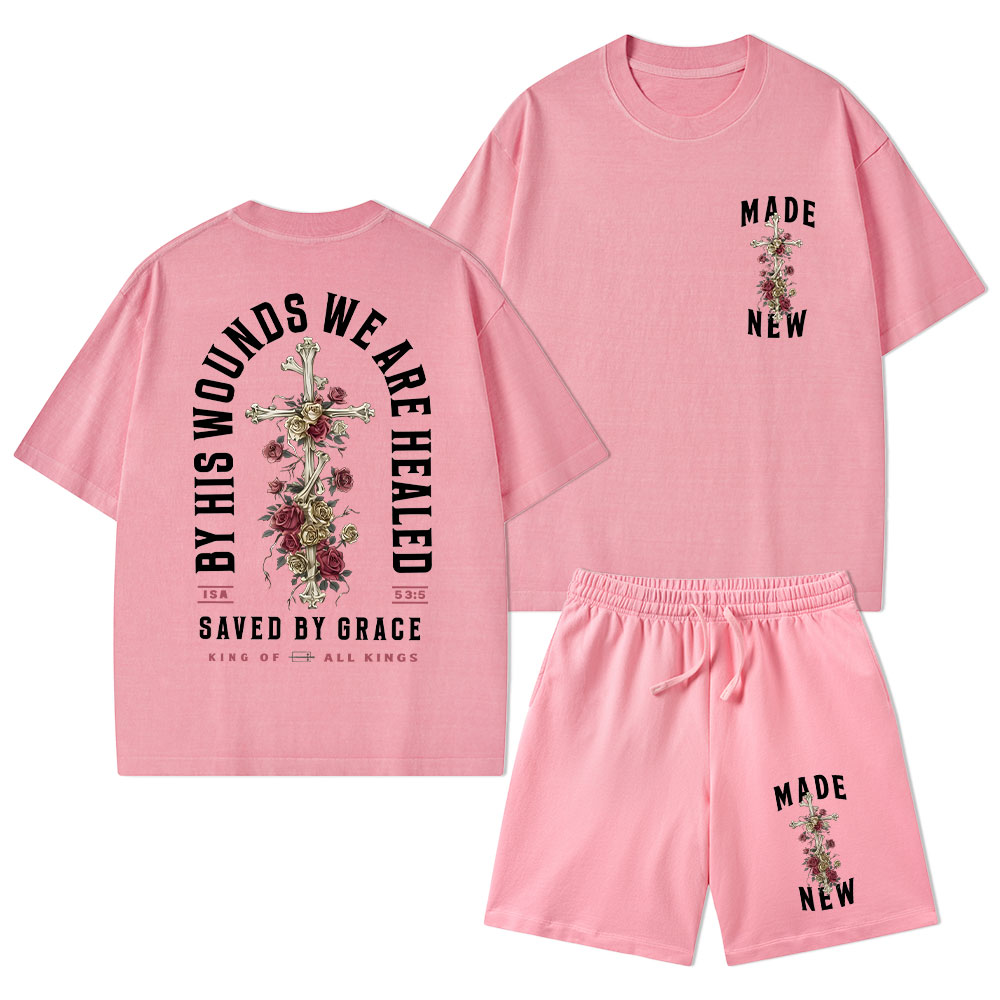 By His Wounds We Are Healed Christian Washed T-Shirt & Shorts
