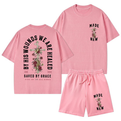 By His Wounds We Are Healed Christian Washed T-Shirt & Shorts